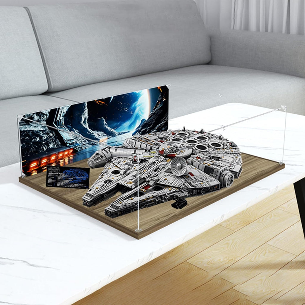 Acrylic Display Case Compatible to Lego #75192 Ultimate Millennium Falcon (33.4*25.5*9.8in), Display Cases for Collectibles, Sturdy Protection for Your Collectible,Wooden Base + Background