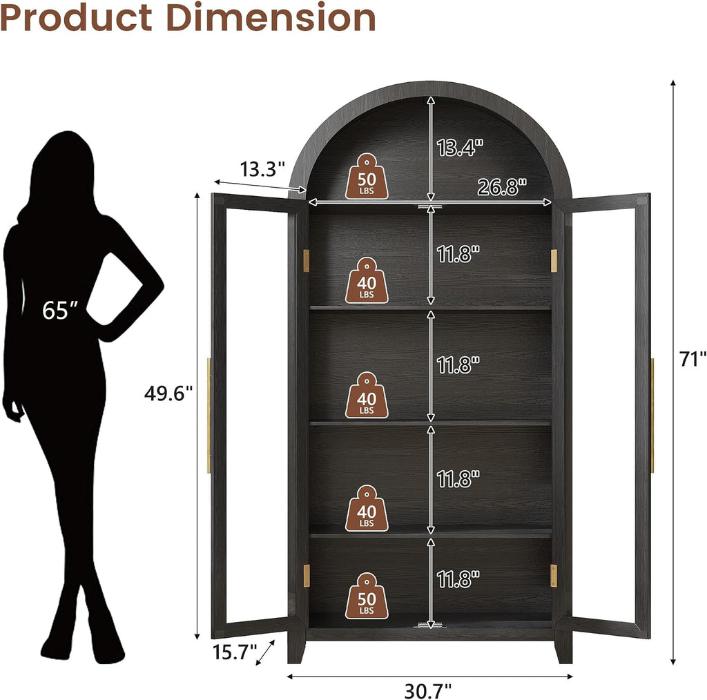 Vlsrka 71' Arched Kitchen Pantry Storage Cabinet with Glass Doors, 5-Tier Display Cabinets for Collectibles, Arched Tall Bookcase with LED Light & Human Sensor, Curio Cabinet with Adjustable Shelf