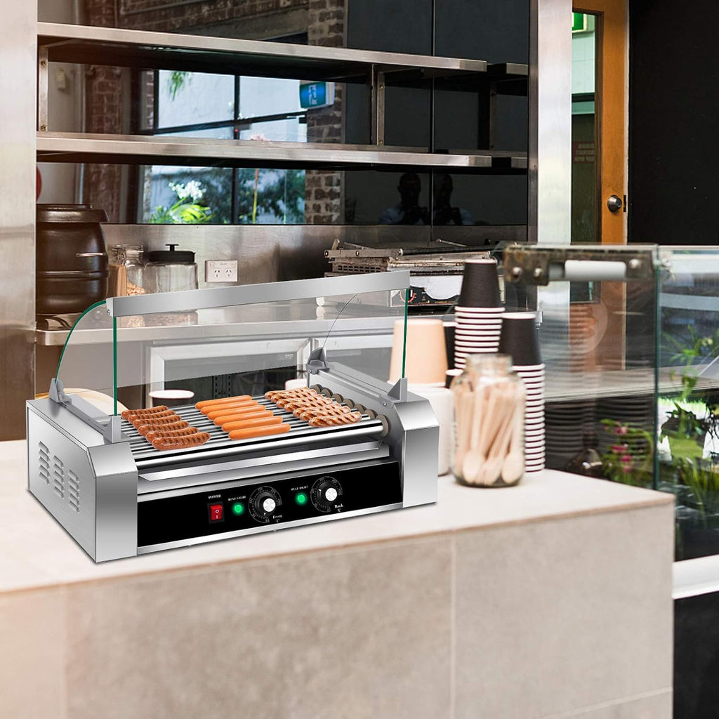 Happygrill Hot Dog Roller Machine, Electric Sausage Grill w/ 18 Hot Dog, 7 Non-Stick,Removable Stainless Steel Drip Tray and Glass Hood Cover,Commercial Household Hot Dog Grill Cooker
