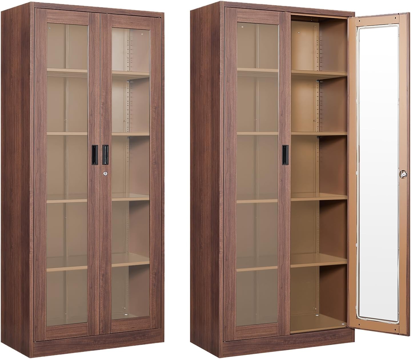 Display Cabinet with Glass Doors, Display Case Cabinet for Collectibles, Curio Display Cabinet with 4 Adjustable Shelves, 71' Glass Display Cabinet for Home Living Room (Wood Color)