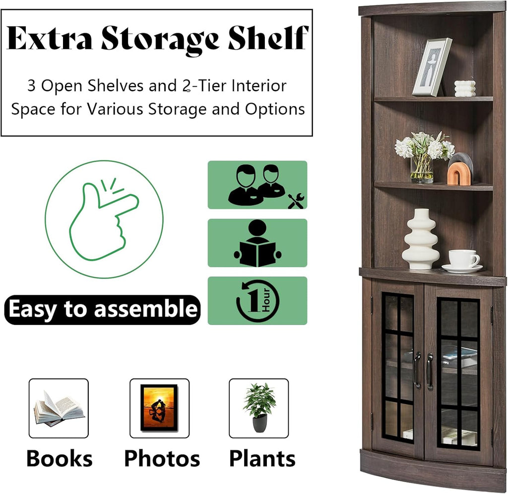AMERLIFE Curved Corner Storage Cabinet, 65' Tall Freestanding Bookcase with Glass Doors & Adjustable Shelves, 5-Tier Corner Display Cabinet for Living Room, Bathroom, Laundry Room, Espresso