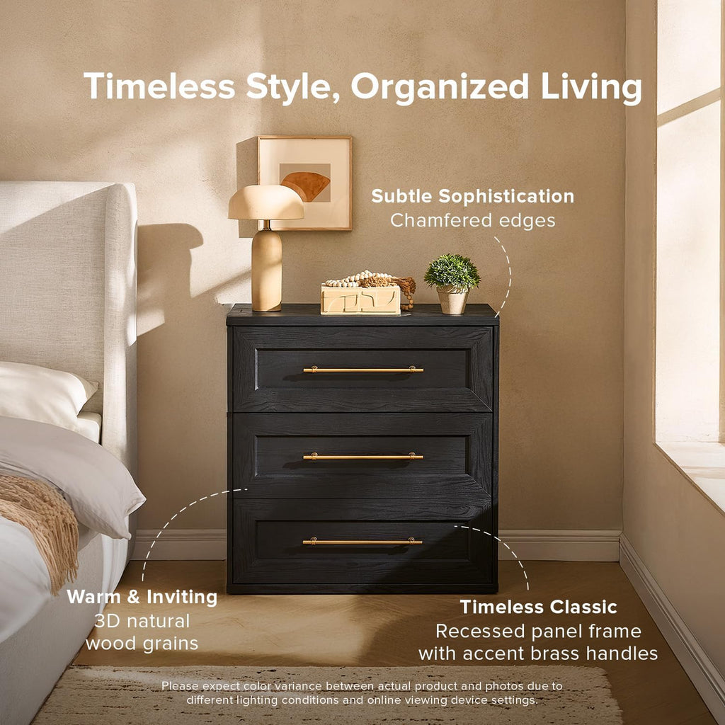 mopio Blake 3 Drawer Dresser for Bedroom, Chest of Drawers, Wood Dresser Organizer, Modern Farmhouse, Tall Night Stand, Enhanced Safety, Sturdy Compliant (Black Oak, Set of 2)