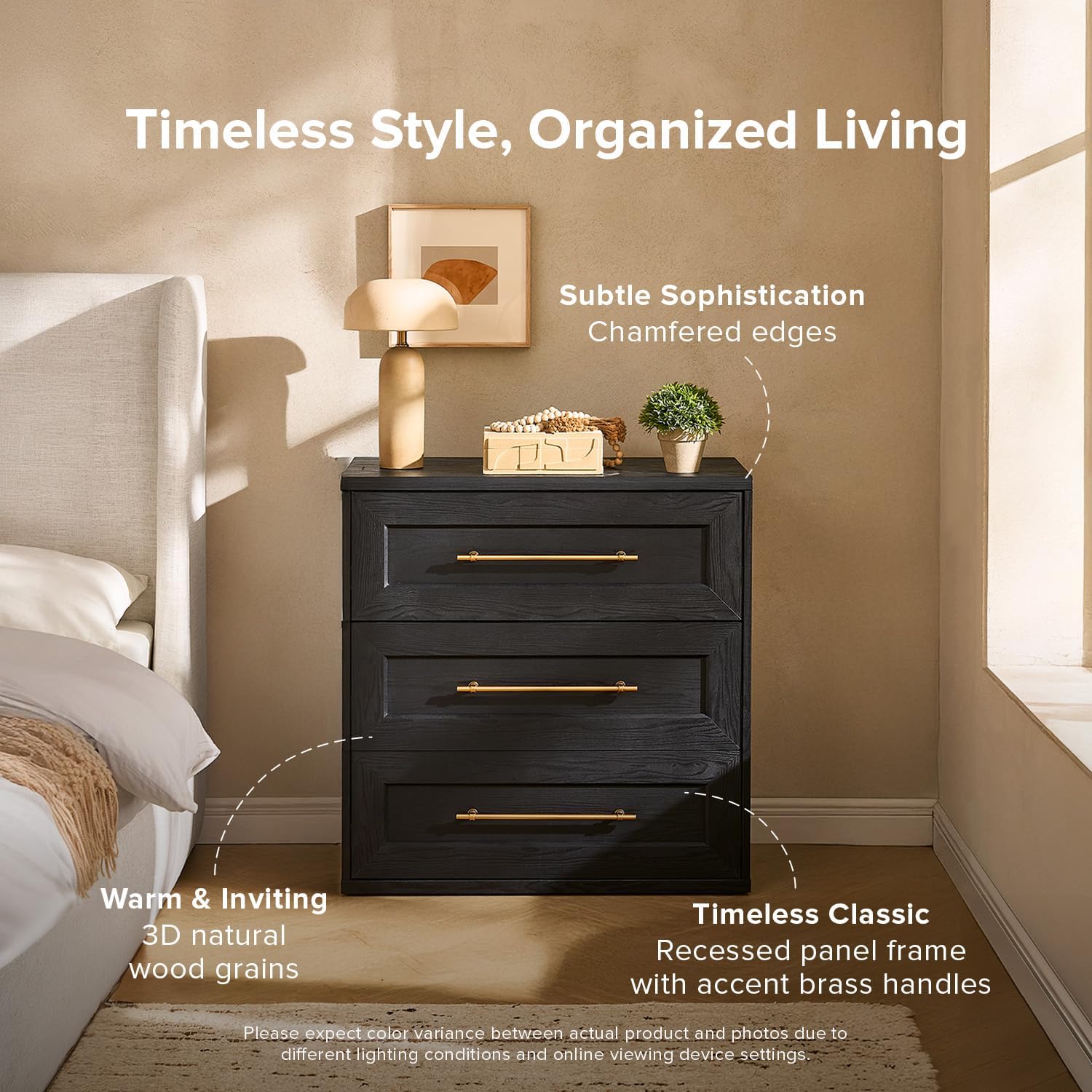 mopio Blake 3 Drawer Dresser for Bedroom, Chest of Drawers, Wood Dresser Organizer, Modern Farmhouse, Tall Night Stand, Enhanced Safety, Sturdy Compliant (Black Oak, Single)