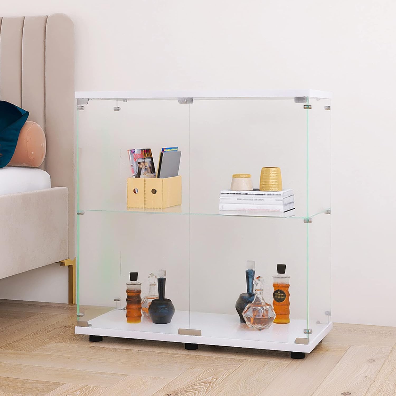 Beauty4U Glass Display Cabinet with 2 Shelves, 2 Doors Curio Cabinets for Living Room, Bedroom, Office, White Floor Standing Glass Bookshelf, Quick Installation