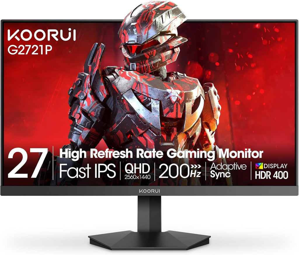 KOORUI 27' Gaming Monitor, 200Hz 1ms Fast IPS, WQHD (2560 x 1440p) HDR 400 Display, DCI-P3 95% Color Gamut, FreeSync Premium, Adaptive G-Sync, HDMI x 2, DisplayPort, G2721P