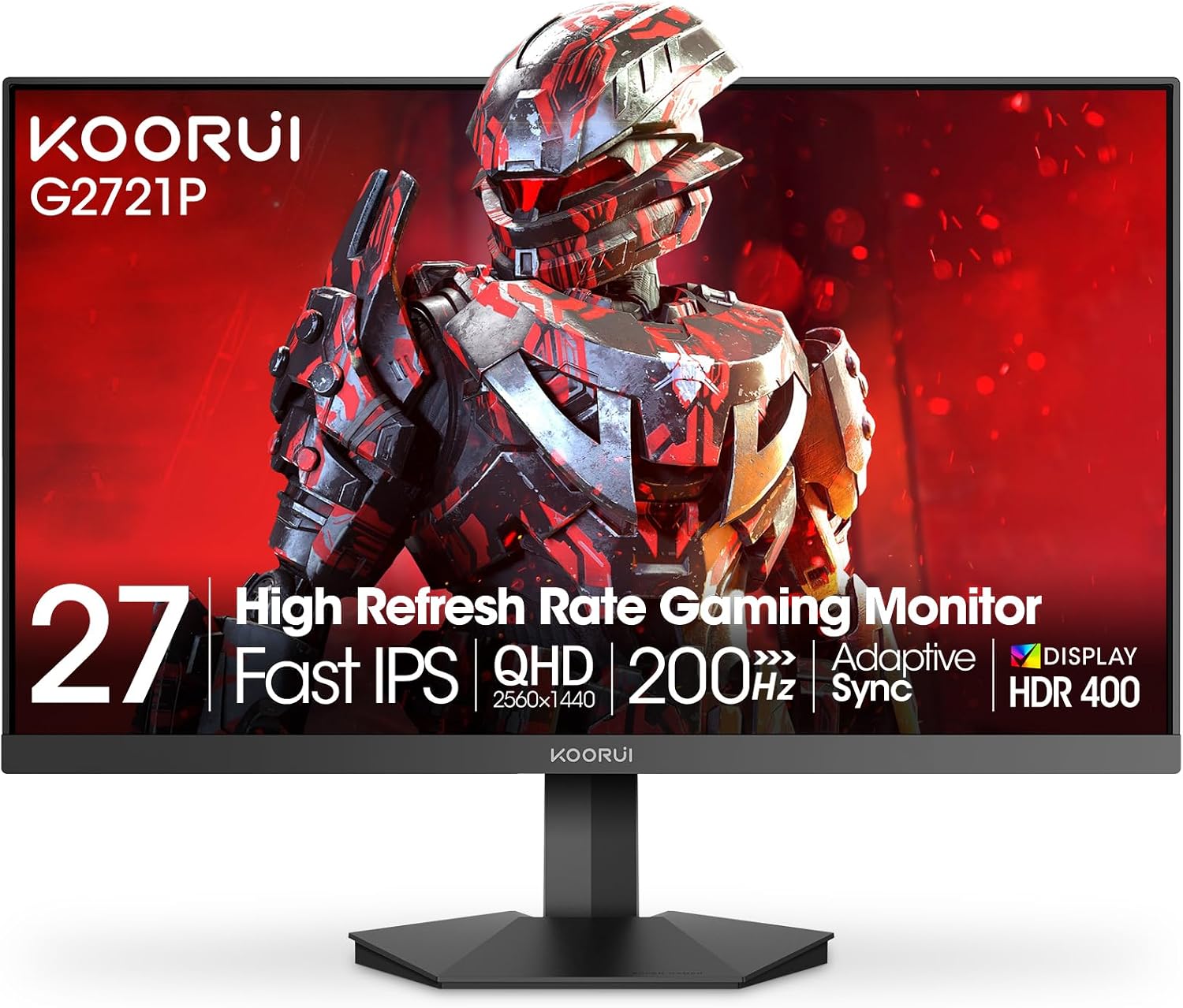 KOORUI 27' Gaming Monitor, 200Hz 1ms Fast IPS, WQHD (2560 x 1440p) HDR 400 Display, DCI-P3 95% Color Gamut, FreeSync Premium, Adaptive G-Sync, HDMI x 2, DisplayPort, G2721P