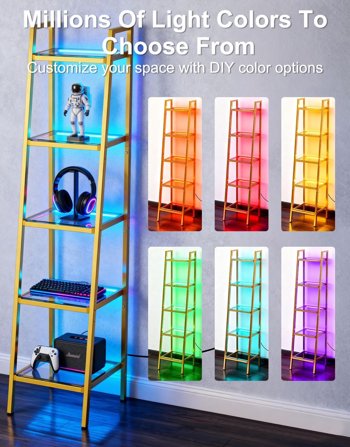 5-Tier Glass Display Shelf with RGB Light, 67' Ladder Bookshelf, Music Sync & 3 CCT, Dimmable App/Remote, Modern Freestanding Corner Storage Rack, Metal Organizer for Living Room Home Office, Gold