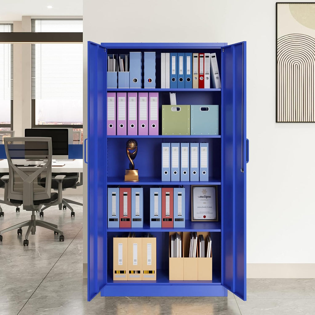 Metal Garage Storage Cabinet, 71' Locking Storage Cabinet with 2 Doors and 4 Adjustable Shelves, Lockable Metal Cabinet for Home,Garage,Gym,School（Blue）