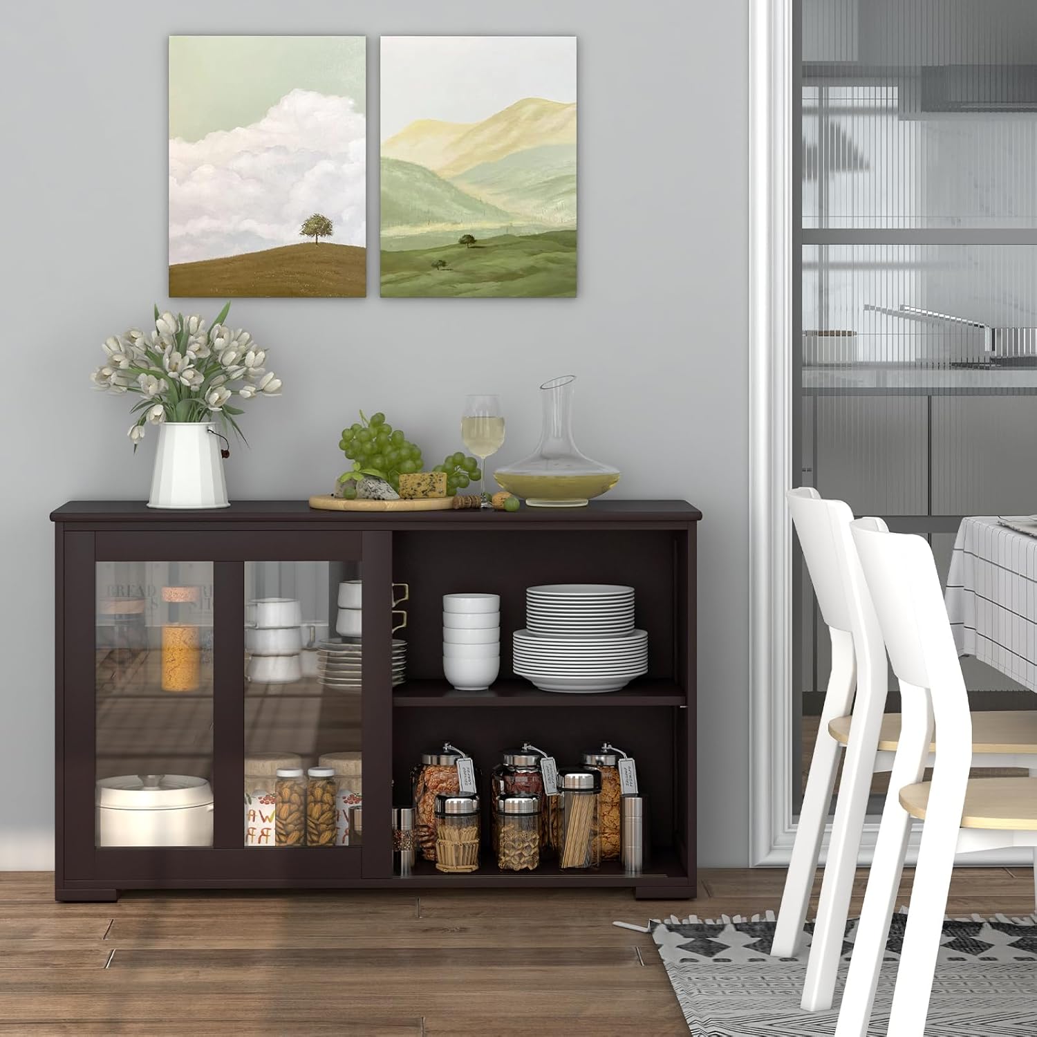 COSTWAY Buffet Sideboard with Storage, 2-Door Floor Cupboard with Sliding Tempered Glass Cabinet & Adjustable Shelf, Stackable Storage Cabinet for Kitchen, Entryway (Brown)
