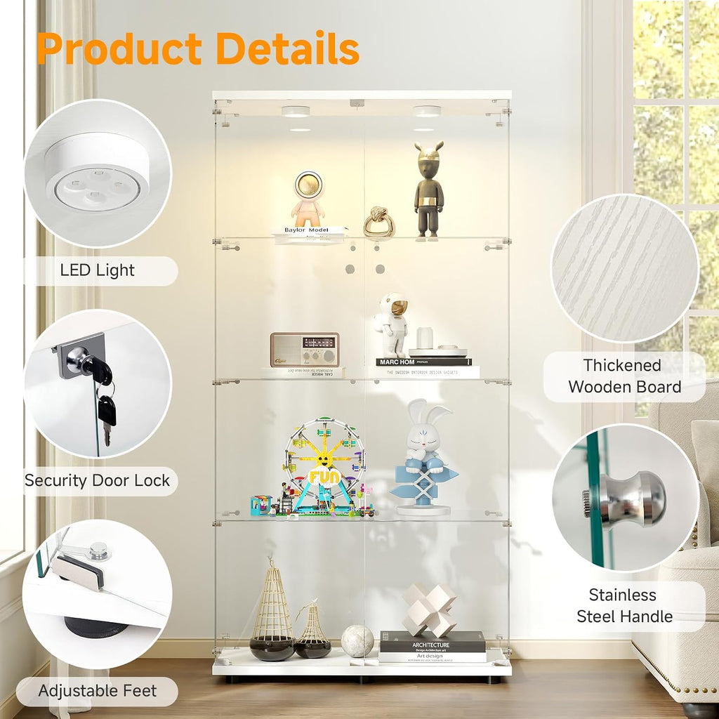 Zevemomo Tempered Glass Display Cabinet with Lights, 4-Tier Curio Cabinet with Glass Doors and Lock, Glass Display Case for Collectibles, for Living Room, Bedroom, Office, Double Door, White