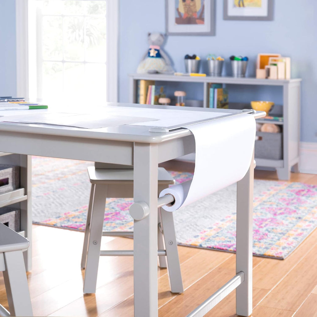 Martha Stewart Kids' Art Table and Stools Set - Gray: Wooden Kids' Activity Table and Chairs Set w/Storage, Bins Paper Roll for Coloring & Craft Activities | Study & Play Desk for Playroom Furniture