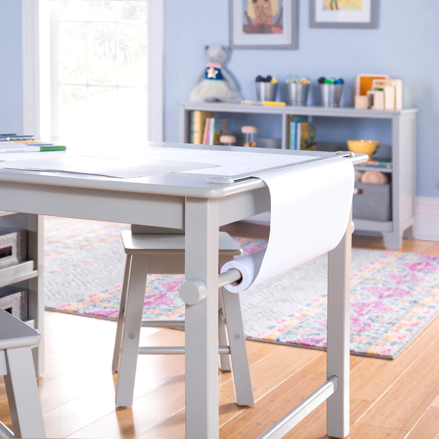 Martha Stewart Kids' Art Table and Stools Set - Gray: Wooden Kids' Activity Table and Chairs Set w/Storage, Bins Paper Roll for Coloring & Craft Activities | Study & Play Desk for Playroom Furniture