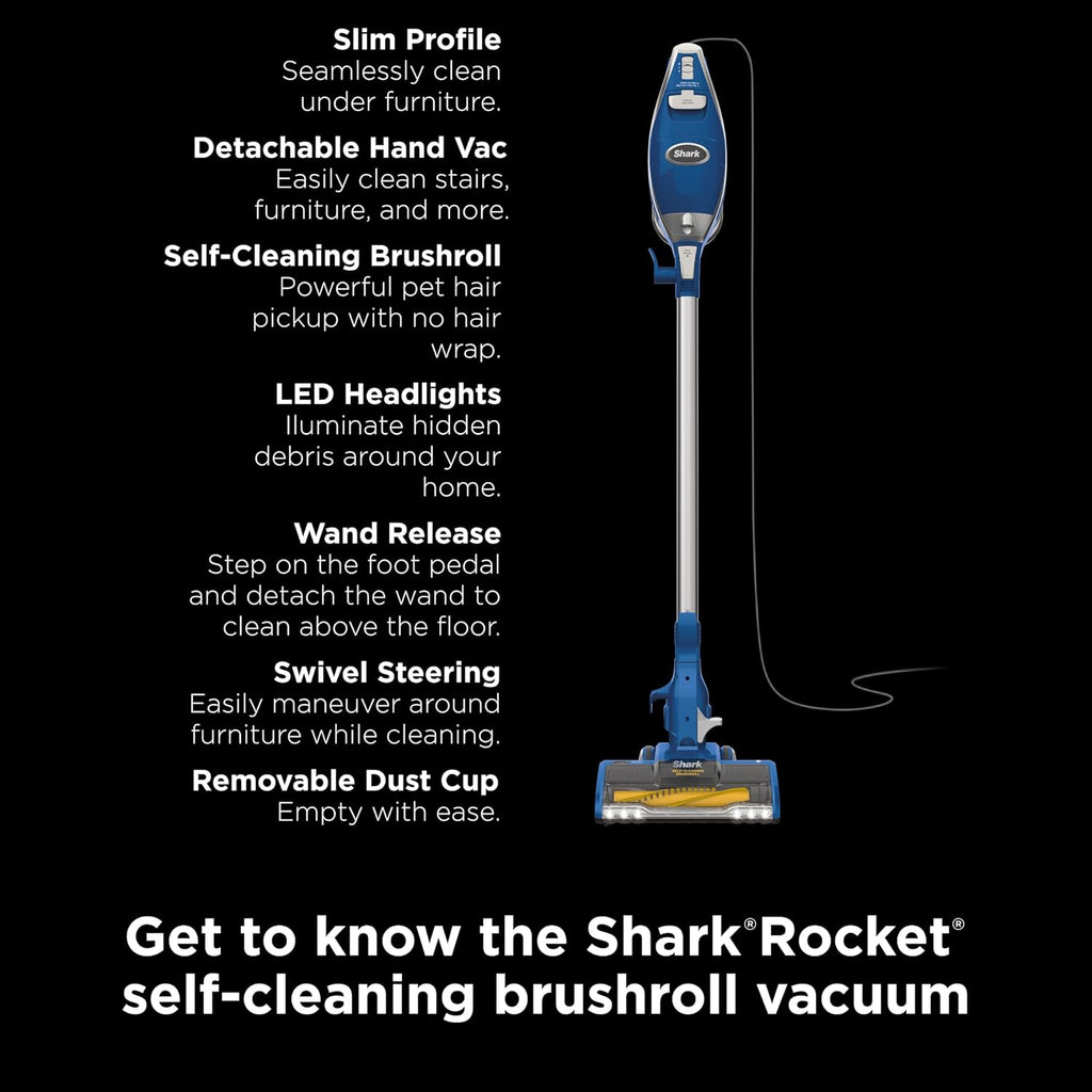 Shark HV343AMZ Rocket Corded Stick Vacuum with Self-Cleaning Brushroll, Lightweight & Maneuverable, Perfect for Pet Hair Pickup, Converts to a Hand Vacuum, Crevice Upholstery Tools, Blue/Silver