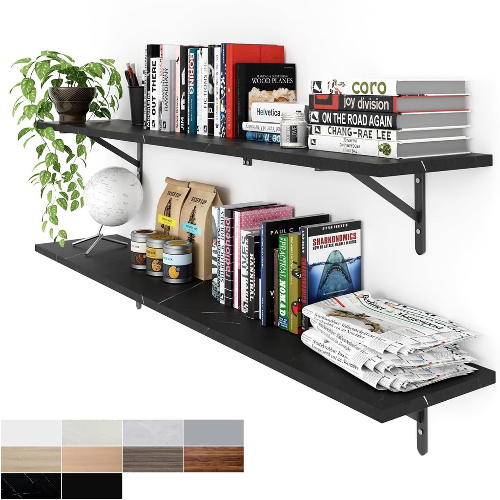 Kaboon 55 inch Long 10 inch Deep Floating Shelves for Wall Set of 2, Large Open Shelves Wall Mounted, Space Saving Home and Commercial Use, Cloud Atlas/Black Marble