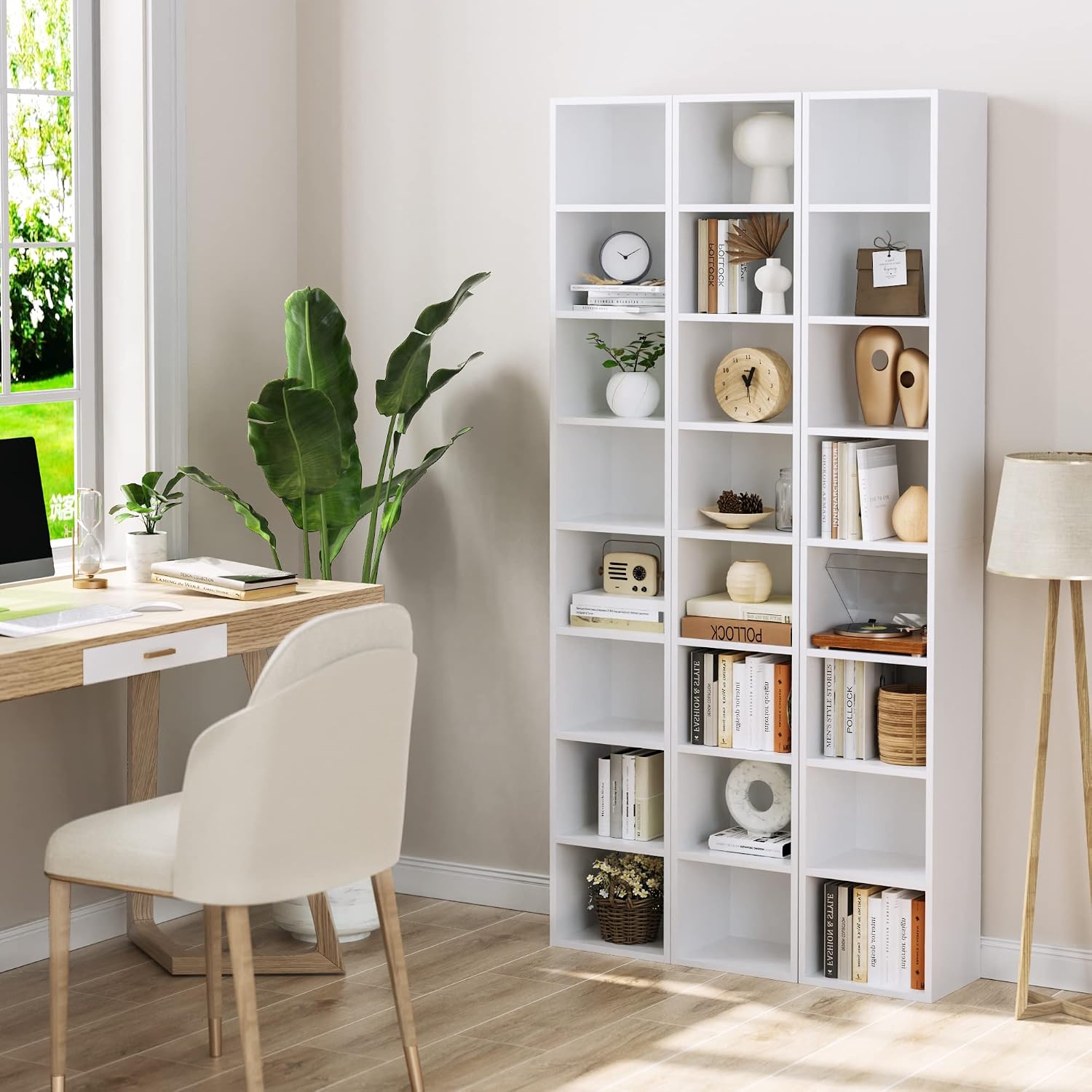 FOTOSOK 2 Pcs 71'' Tall Narrow Bookshelf, 8-Tier Media Tower Rack Set of 2, CD DVD Storage Cabinet with Adjustable Shelves, Tall Narrow Bookcase Skinny Display Bookshelf Slim Shelf, White
