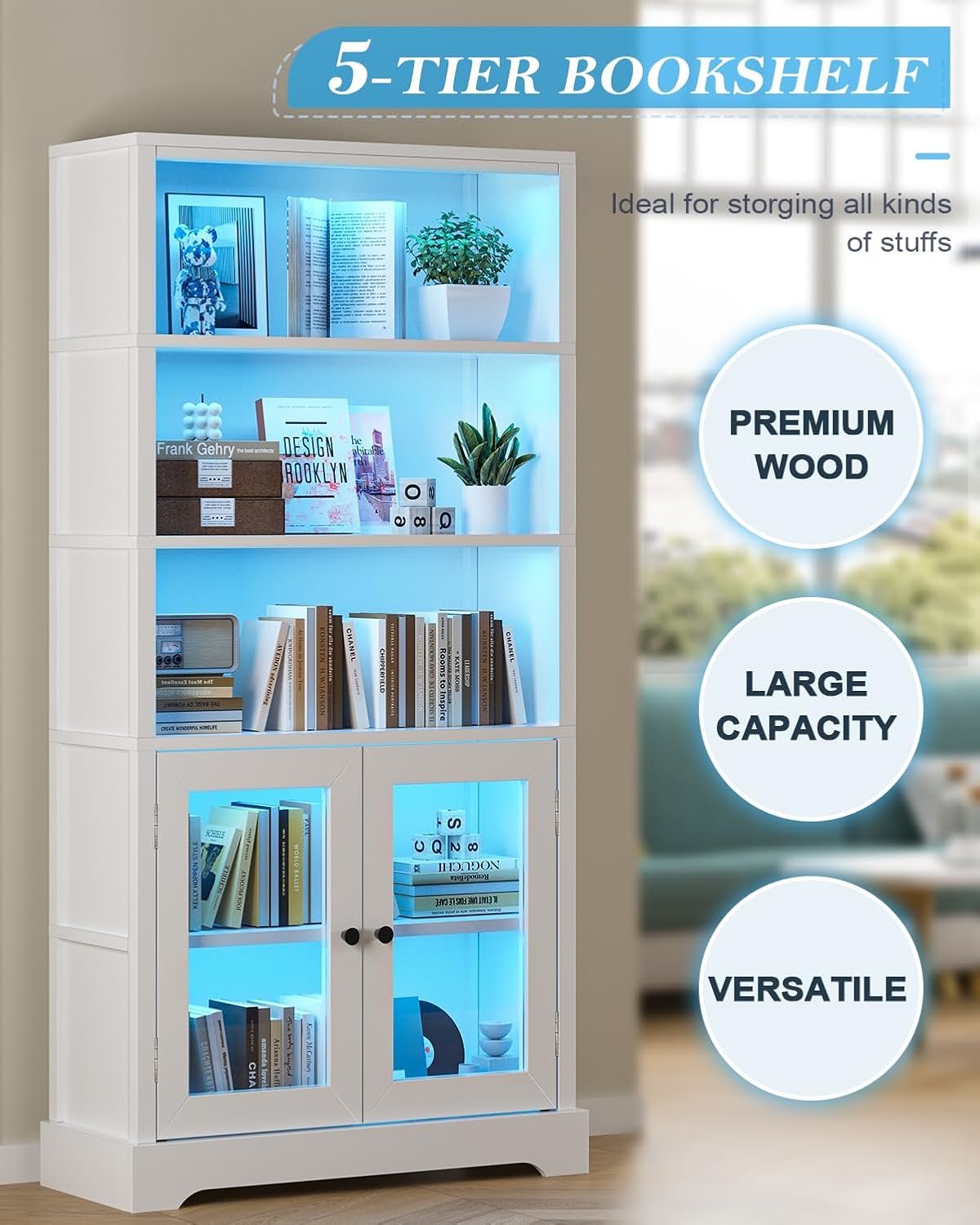 TVU 5-Tier Bookshelf, 65' Bookshelf with Multi-Color Ambient Lights (APP Remote Control), Tall Vertical Display Shelf with Cabinet Doors, Suitable for Living Room, Bedroom, Study, Office, White