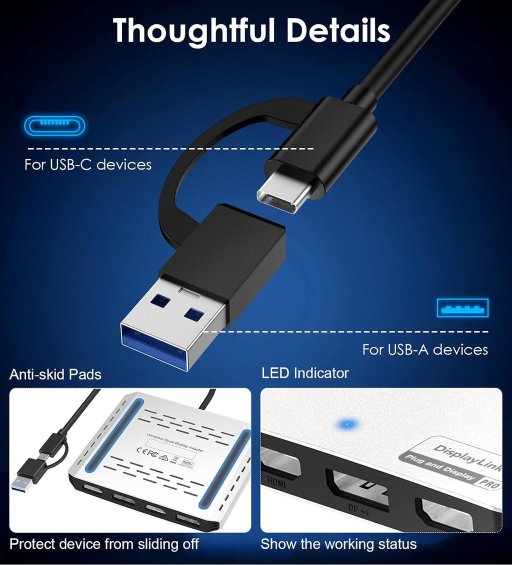WAVLINK USB C to 4K HDMI & DP Adapter, Extended Quad Displays for Mac/Windows, Dual 8K or Quad 4K Monitors Splitter, DP Port Supports 120Hz high-Refresh, with PD 85W for Laptop (DL-7400)