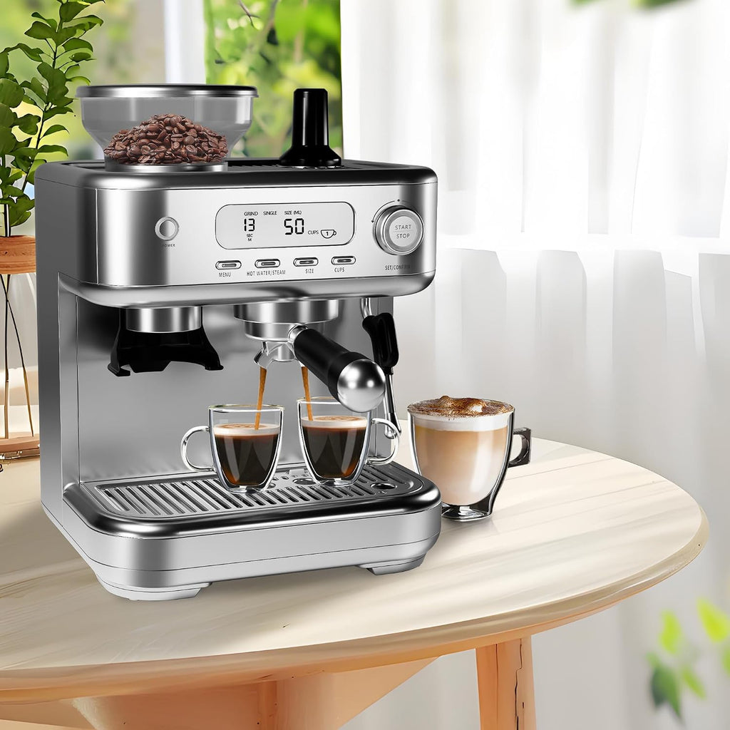 CABIHOME Semi-Automatic Espresso Machine with Built-in Grinder, Stainless Steel, Digital Display, 78 oz Removable Tank, make cappuccino and latte, Steam Milk Frother (Starry Grey)