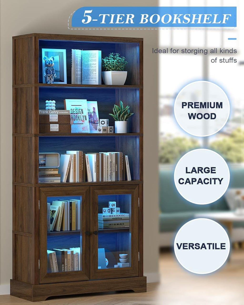 TVU 5-Tier Bookshelf, 65' Bookshelf with Multi-Color Ambient Lights (APP Remote Control), Tall Display Shelf with Cabinet Doors, Suitable for Living Room, Bedroom, Study, Office, Rustic Brown