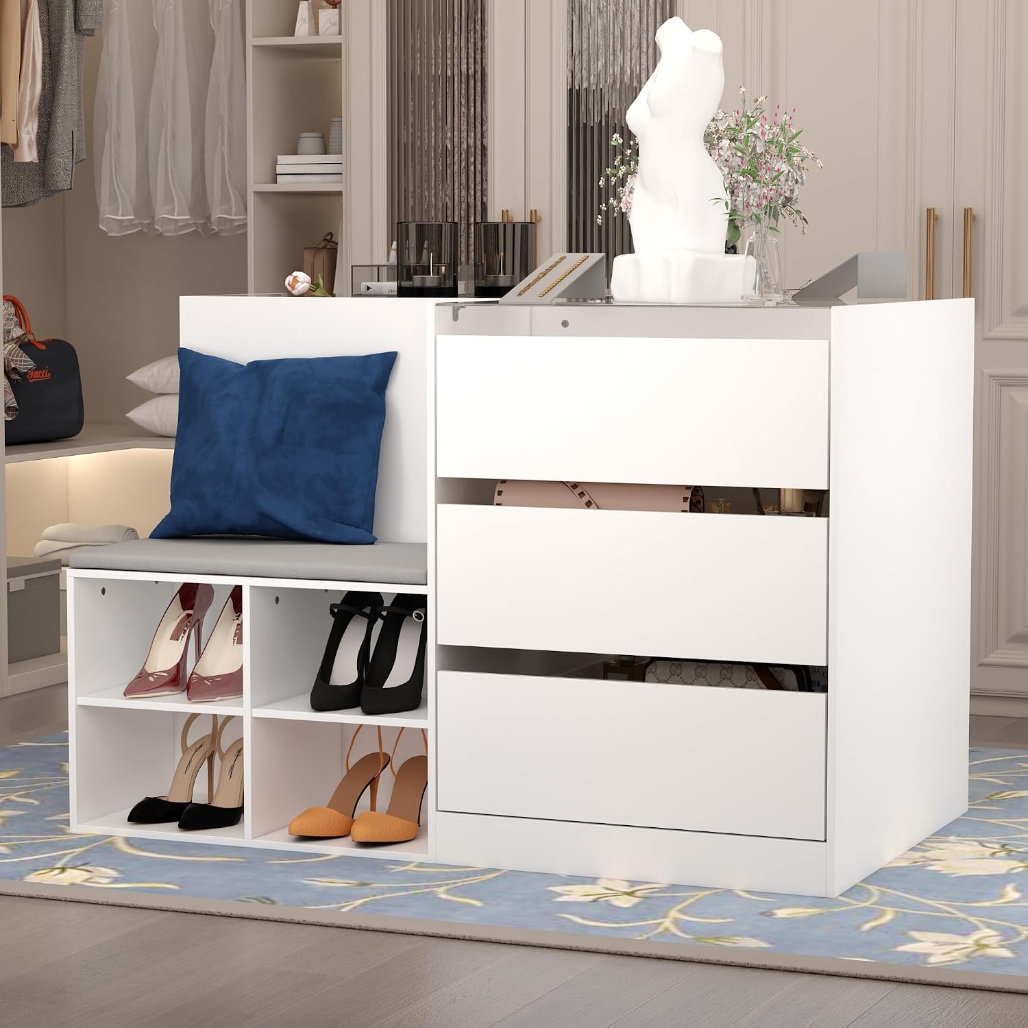 Glass Display Cabinet Closet Island, Glass Top Storage Cabinet for Retail, Collectibles Showcase with 9 Dawers & Shoe Bench, Walk in Display Island for Retail Shop, Cloakroom, White