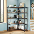 Wildhome 5-Shelf Corner Bookshelf, Vintage Industrial L-Shaped Bookshelf Etagere Bookcase, Large Book Shelf with Metal Frame Open Storage Corner Cabinet (Retro Brown-5 Shelf)