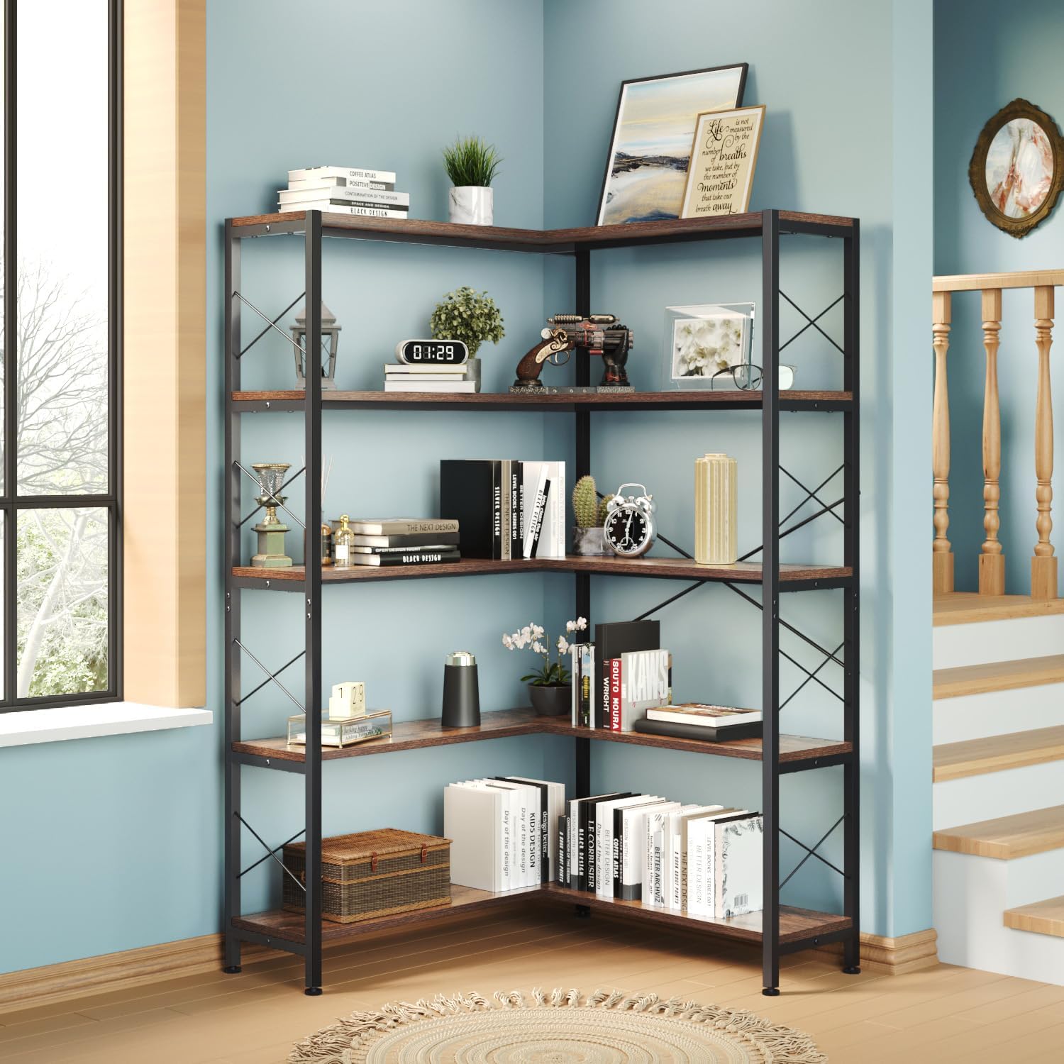 Wildhome 5-Shelf Corner Bookshelf, Vintage Industrial L-Shaped Bookshelf Etagere Bookcase, Large Book Shelf with Metal Frame Open Storage Corner Cabinet (Retro Brown-5 Shelf)