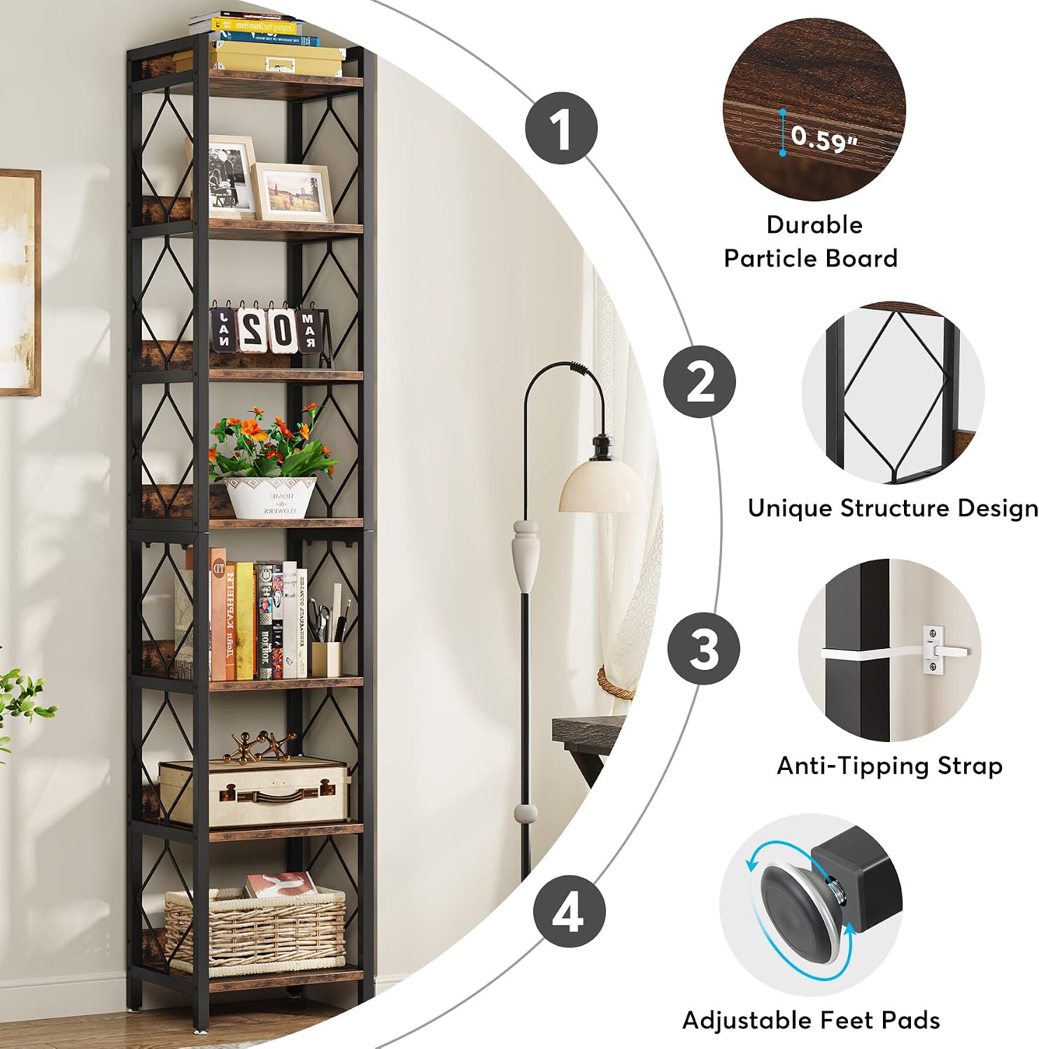 Tribesigns 78.7 Inch Extra Tall Narrow Bookshelf Set of 2, 7 Tier Skinny Bookcase for Small Spaces, Freestanding Display Shelves, Multifunctional Corner Storage Organizer for Home Office, Rustic Brown