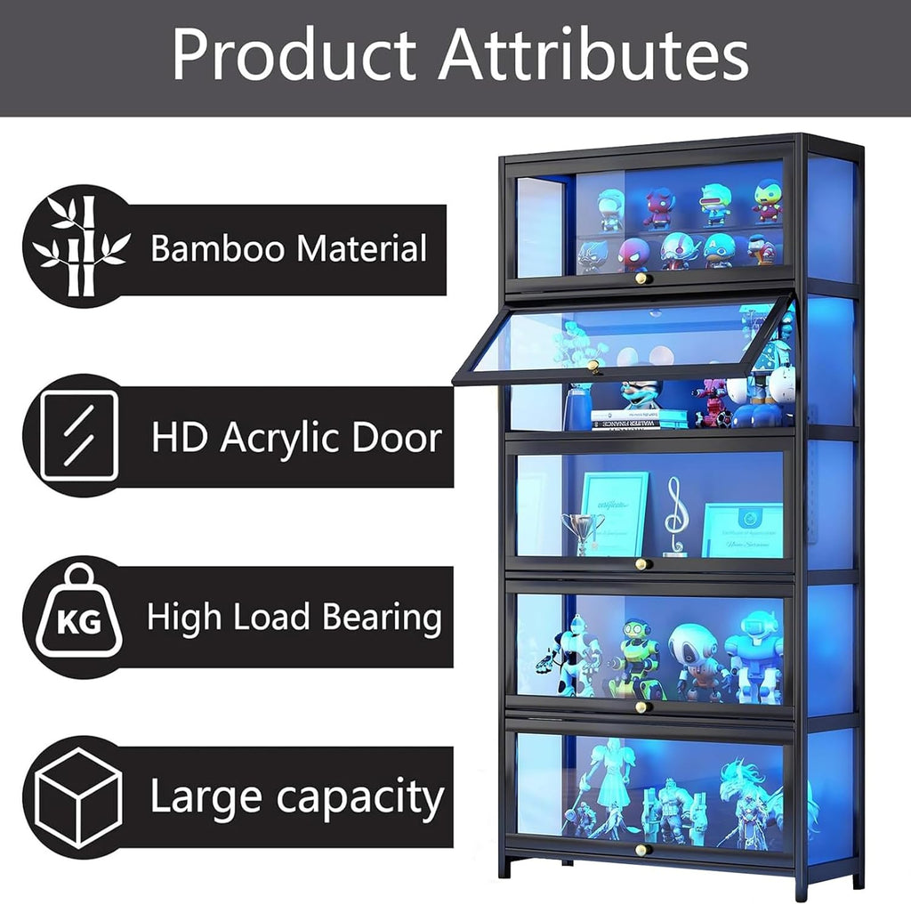 Display Cabinet with Acrylic Glass Doors, 5-Tier Curio Cabinet, Collectibles Toy Organizers Rack & Display Shelf, High Display Case for Home, Office, Playroom, Living Room