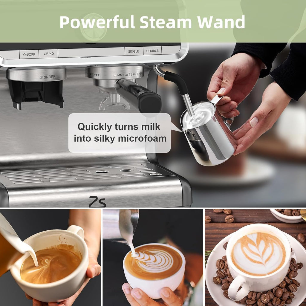 20 Bar Semi-Automatic Espresso Machine with Built-In Coffee Grinder and Milk Frother, Home Barista Coffee Maker for Cappuccino Latte Macchiato, Ideal Gift for Mom and Dad