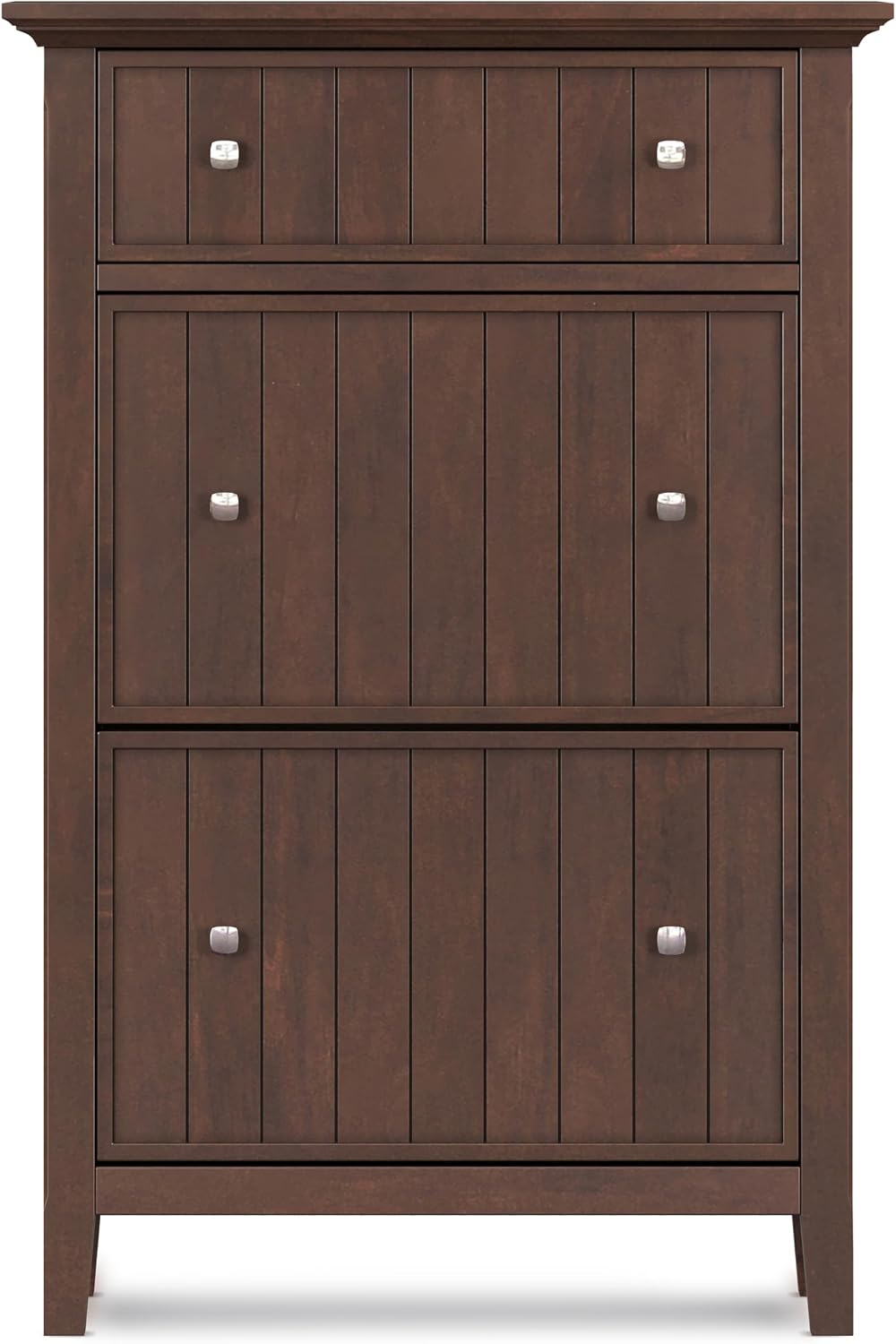 SIMPLIHOME Acadian Storage Cabinet - 32 inch Wide Solid Wood Entryway Shoe Storage Cabinet in Brunette Brown, Transitional Tilt-Out Shoe Organizer for Hallway with Drawer and Brushed Nickel Hardware