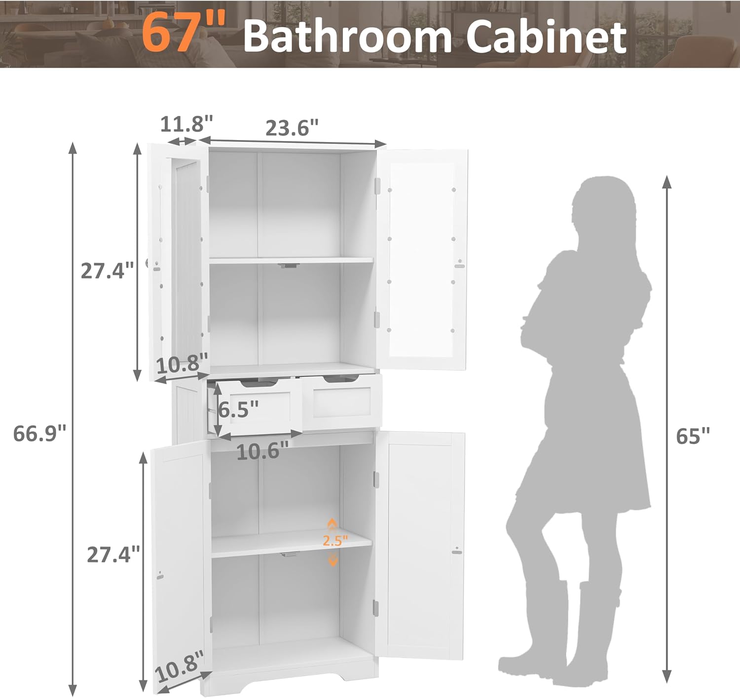 Betterhood 67' Tall Bathroom Storage Cabinet, Freestanding Linen Cabinet with Glass Doors and Shelves, Large Bathroom Pantry Cabinet with 2 Drawers for Living Room, Kitchen, Dining Room, Office, White