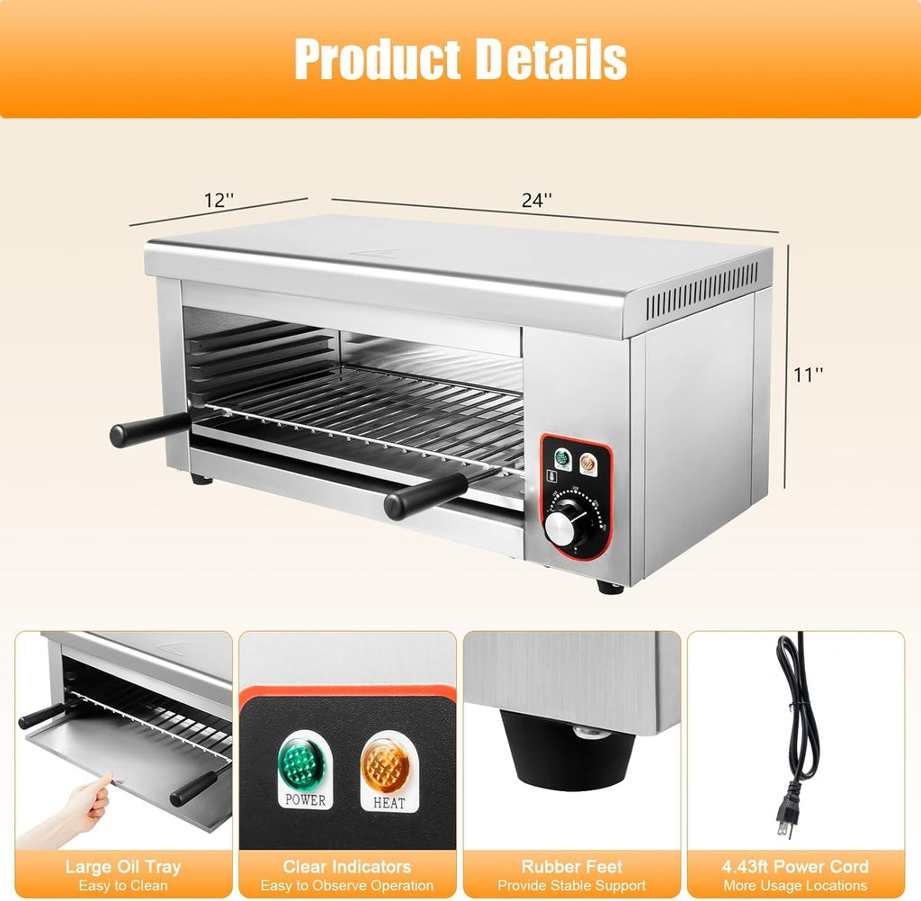 Commercial Cheese Melter Salamander Broiler, 1500W Electric Cheesemelter Heater Heating Grill, 120-570°F Rapid Heating Countertop Raclette Cheese Melting Oven