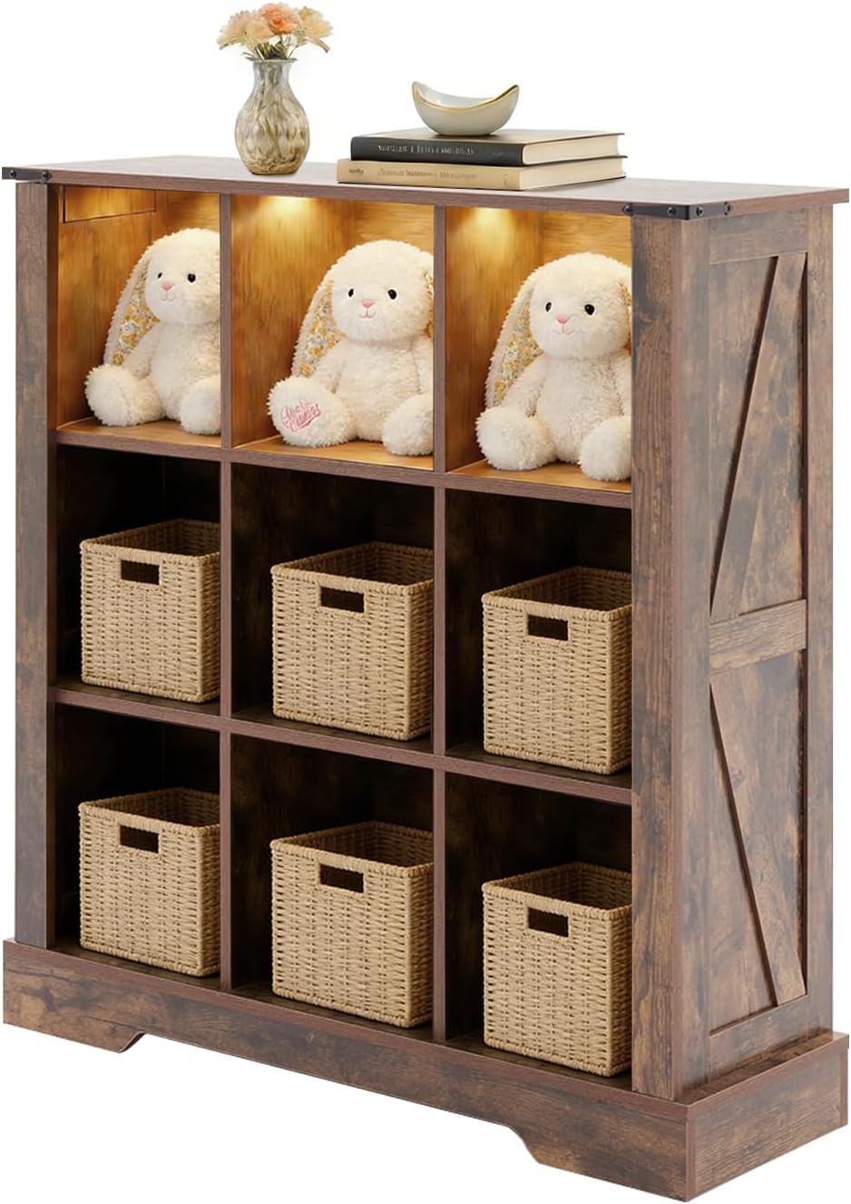 9 Cube Storage Organizer with LED Lights, Wooden Cube Bookcase with Back Panel, Brown Cube Shelf Freestanding Bookshelf, Hallway TV Stand for Living Room, Bedroom, Office