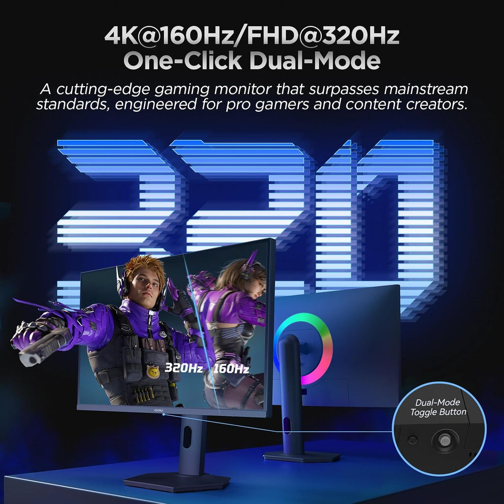 KOORUI 27' 4K QD-Mini LED Gaming Monitor - Dual-Mode (UHD 160Hz or FHD 320Hz), 1ms, 99% Adobe RGB, HDR1400, 90W USB-C, HDMI 2.1/DP1.4, VESA, Tilt Height Swivel Vertical Adjustment, Black, S2741LM