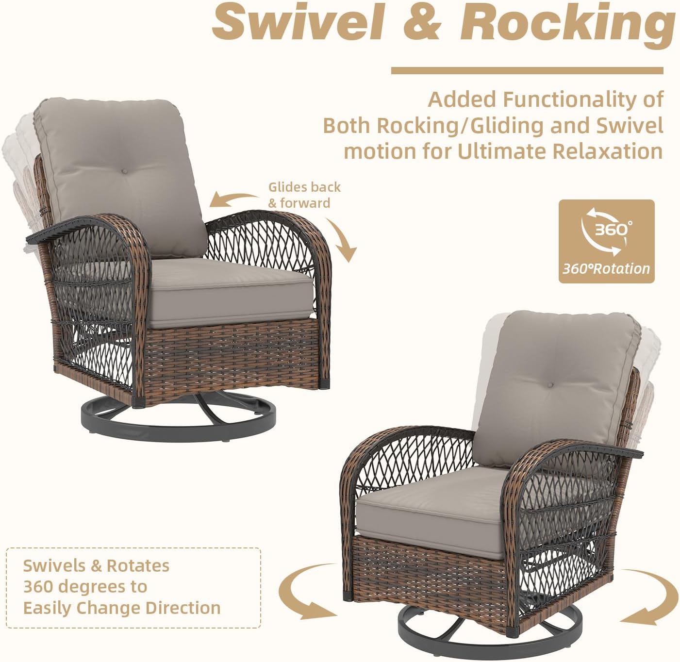 EROMMY 3 Pieces Patio Furniture Set, Outdoor Swivel Rocker Patio Chairs, Wicker Patio Bistro Set with Rocking Chair, Thickened Cushions and Glass Coffee Table for Backyard, Garden, Grey