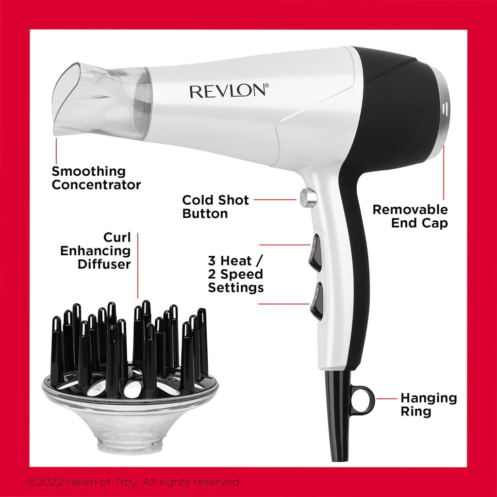 REVLON Volume Booster,Hair Dryer with Curl Enhancing Diffuser | Increase Volume,Decrease Frizz and Damage,Fast Drying,1875 Watts (White),(Pack of 6)