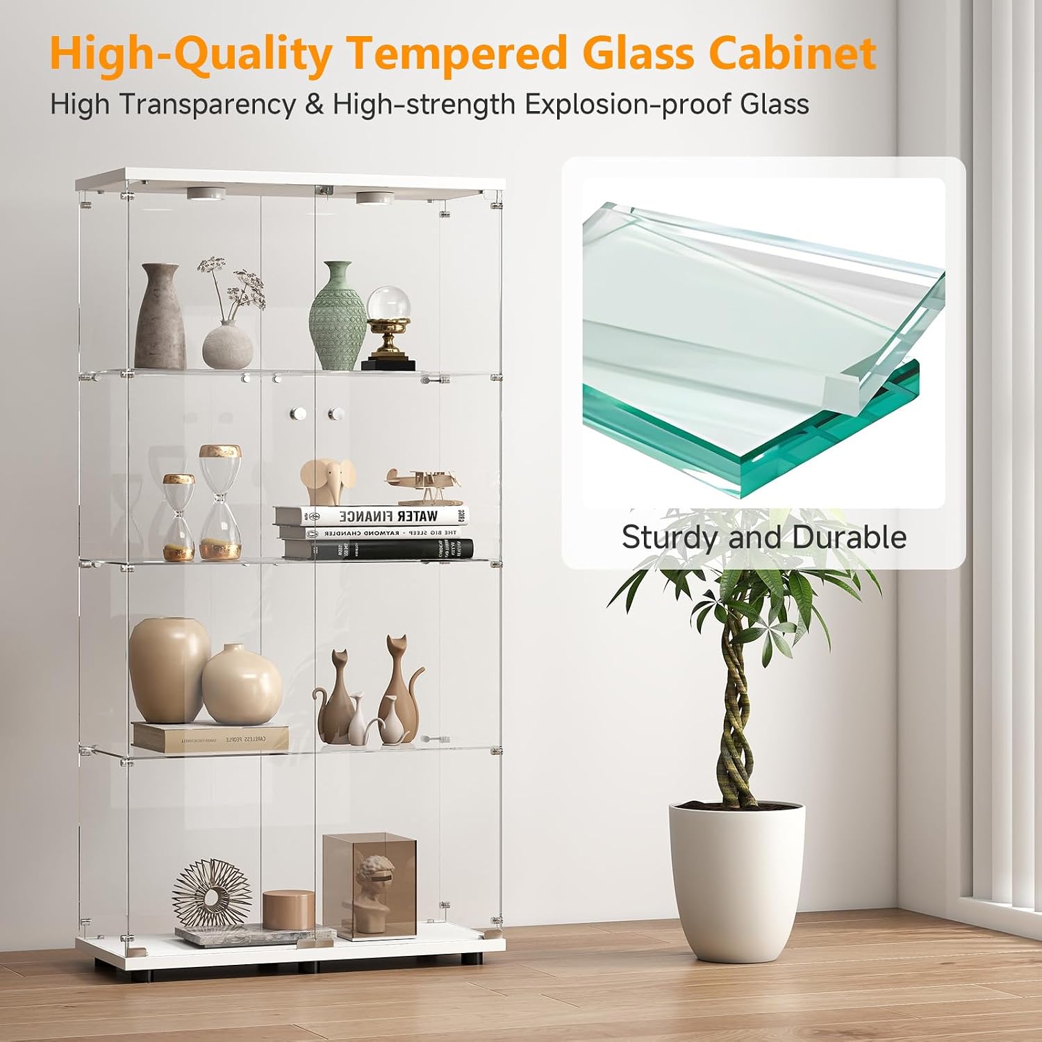 Zevemomo Tempered Glass Display Cabinet with Lights, 4-Tier Curio Cabinet with Glass Doors and Lock, Glass Display Case for Collectibles, for Living Room, Bedroom, Office, Double Door, White