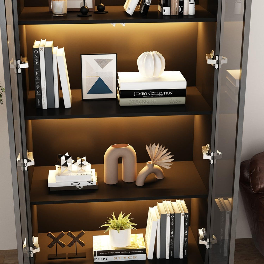 Display Cabinet with Lights, Glass Cabinet with Doors and 4 Tier Shelves, Bookcase Display Case for Collectible, Living Room Office, Black 31.5'W x 15.7'D x 63'H