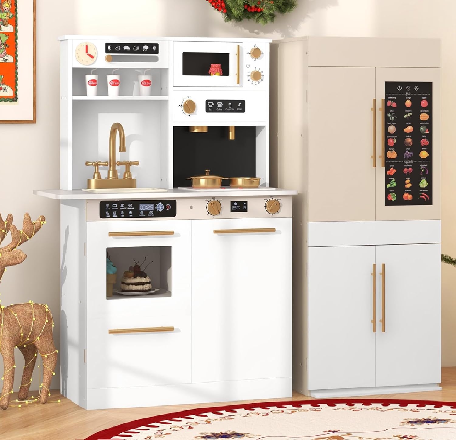 INFANS Play Kitchen for Kids, 2-Piece Fridge Refrigerator Playset Combination with Electronic Interactive Alphabet Wall Chart Coffee Machine Stove Microwave, Toddler Wooden Pretend Cooking Set Gift