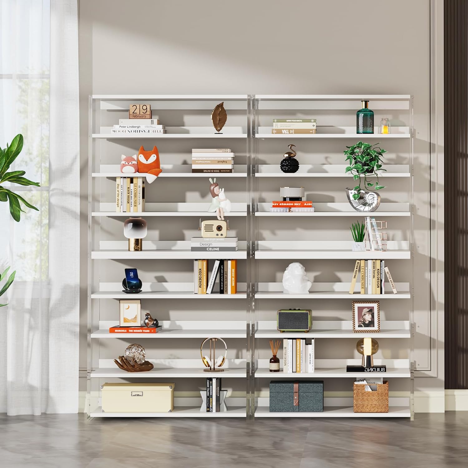 Tribesigns 8-Tier Acrylic Bookshelf, Modern Bookcase with Wood Shelves, 63' Display Storage Rack for Living Room, Bedroom, Home Office, White & Transparent (Without LED)