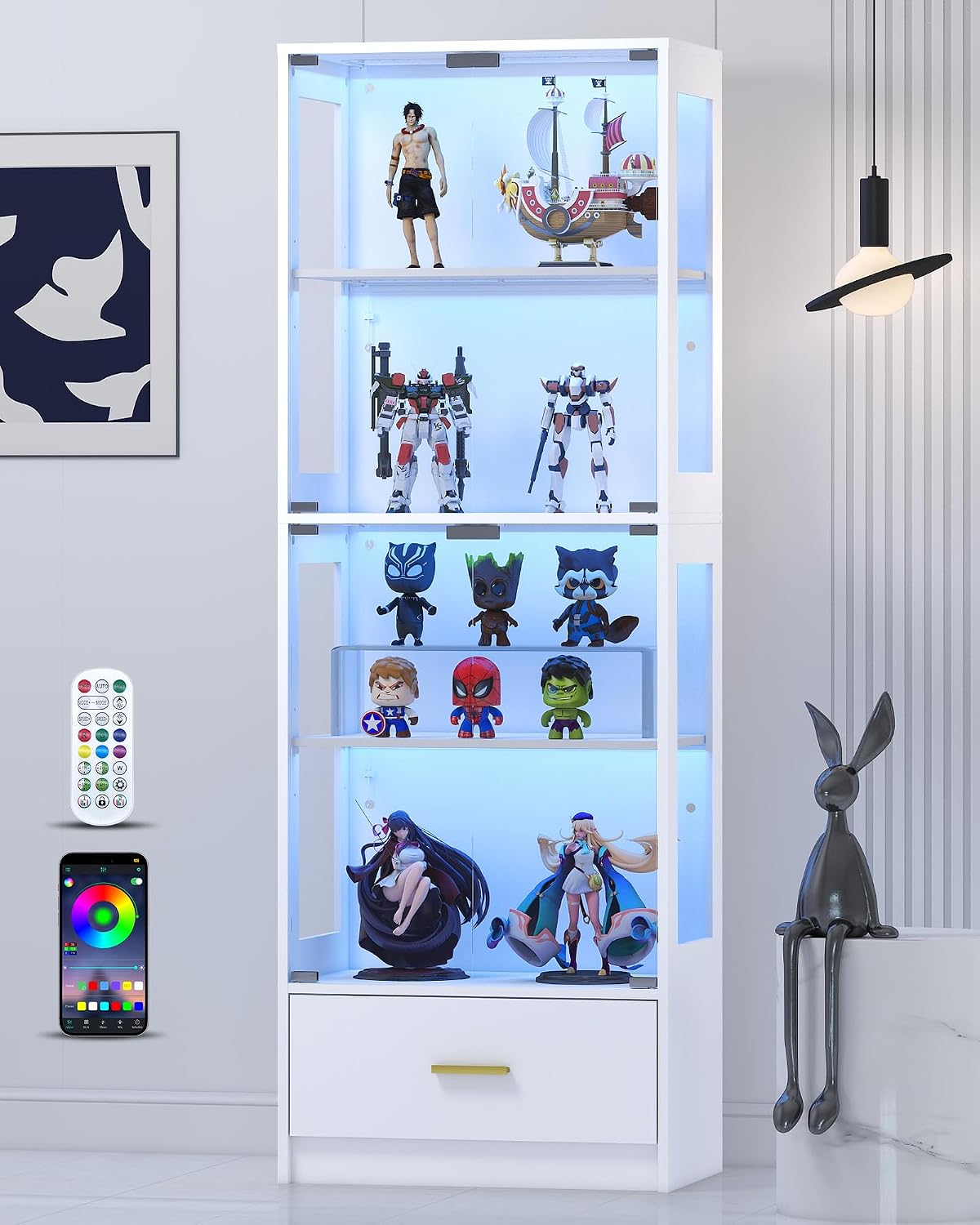 Lamtor Display Cabinet with Glass Doors - 67' Curio Cabinet with RGB LED Lights and Drawer for Collectibles, 4 Tier Glass Display Case for Living Room, Office, White (Narrow)