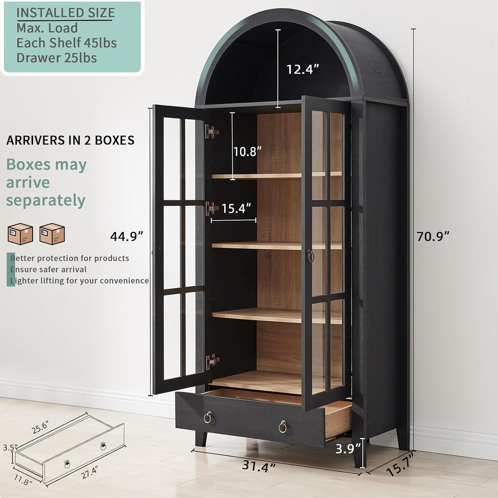 RowyPoey Farmhouse Arched Cabinet with Glass Doors, Wood Display Cabinet with Drawer and Adjustable Shelves, 71' Tall Bookshelf Modern Storage Kitchen Pantry for Living Room,Office (Black)