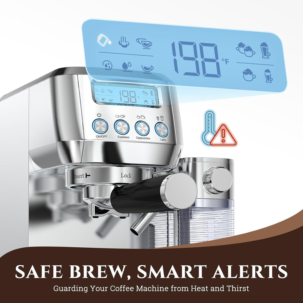 AMZCHEF Espresso Machine with Upgraded Automatic Milk Frother, 20 Bar Cappuccino Machines with LCD Display for Home Gifts, Latte Coffee Maker with Dual Wall & Filters, Sliver