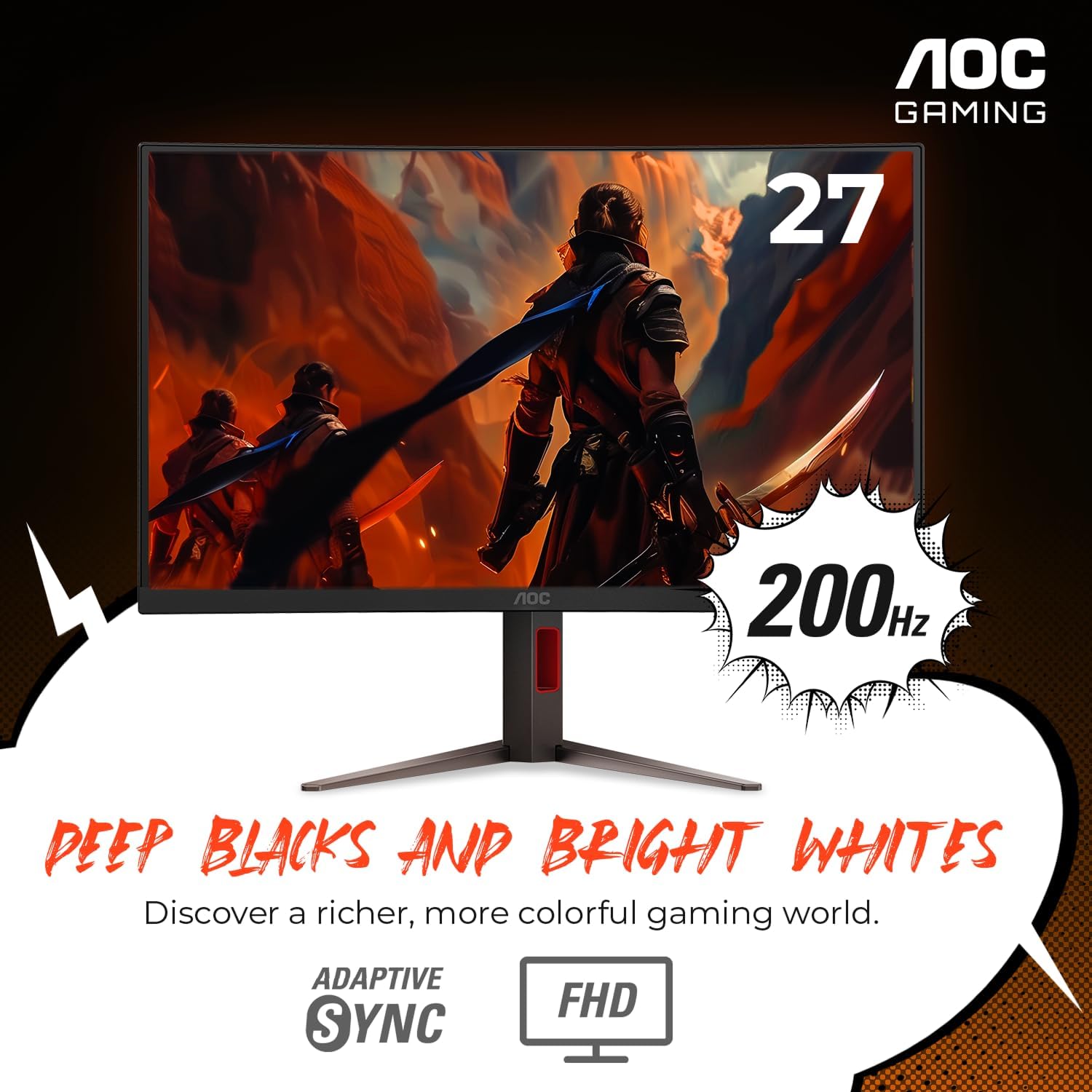 AOC C27G4H2 27' Curved Gaming Monitor, FHD 1920x1080, 1500R, 200Hz Refresh Rate, 0.3ms Response Time, Height Adjustable, Black, Xbox PS5 Switch Compatible