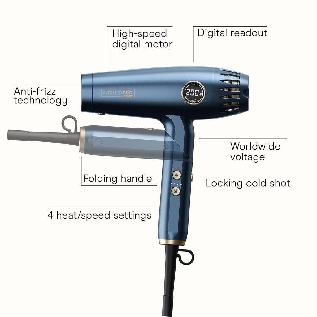 Infiniti PRO by CONAIR DigitalAIRE 2.0 Hair Dryer, 1875W Frizz-Reducing Ionic Hair Blow Dryer with Diffuser, Up to 5X More Speed and 90,000 RPMs for Advanced Drying Power, Blue