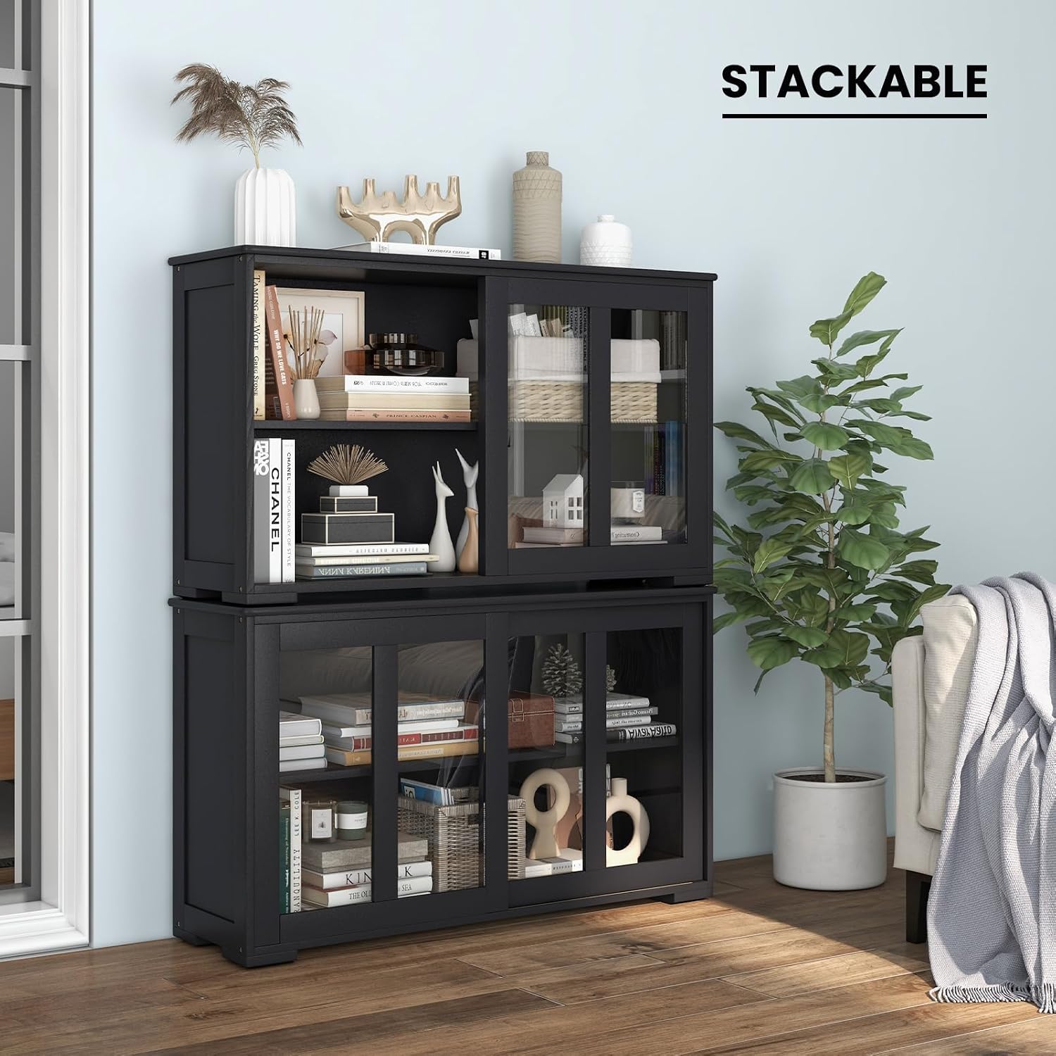 COSTWAY Buffet Sideboard with Storage, 2-Door Floor Cupboard with Sliding Tempered Glass Cabinet & Adjustable Shelf, Stackable Storage Cabinet for Kitchen, Entryway (Black)