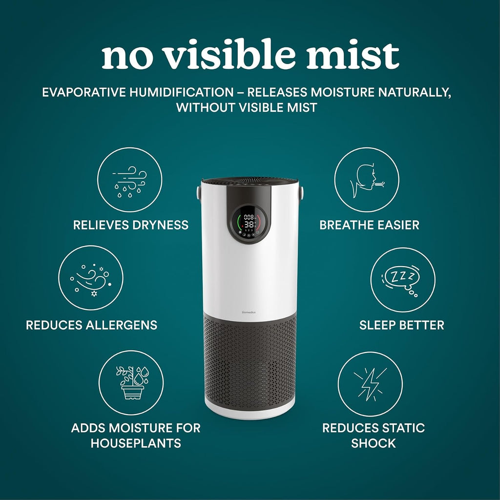 Homedics 2-in-1 Air Purifier & Evaporative Humidifier for Large Rooms HEPA Air Cleaner, Filtered Humidification, Digital Air Quality Sensor, Auto Mode, Tower Design for Home, No Visible Mist
