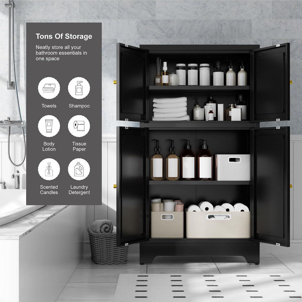 Bevivog Black Metal Locker Cabinet with 4 Doors, Metal Sideboard Cabinet Coffee Bar Storage Accent Cabinets for Home Office, Kitchen Living Room, Hallway, Entryway