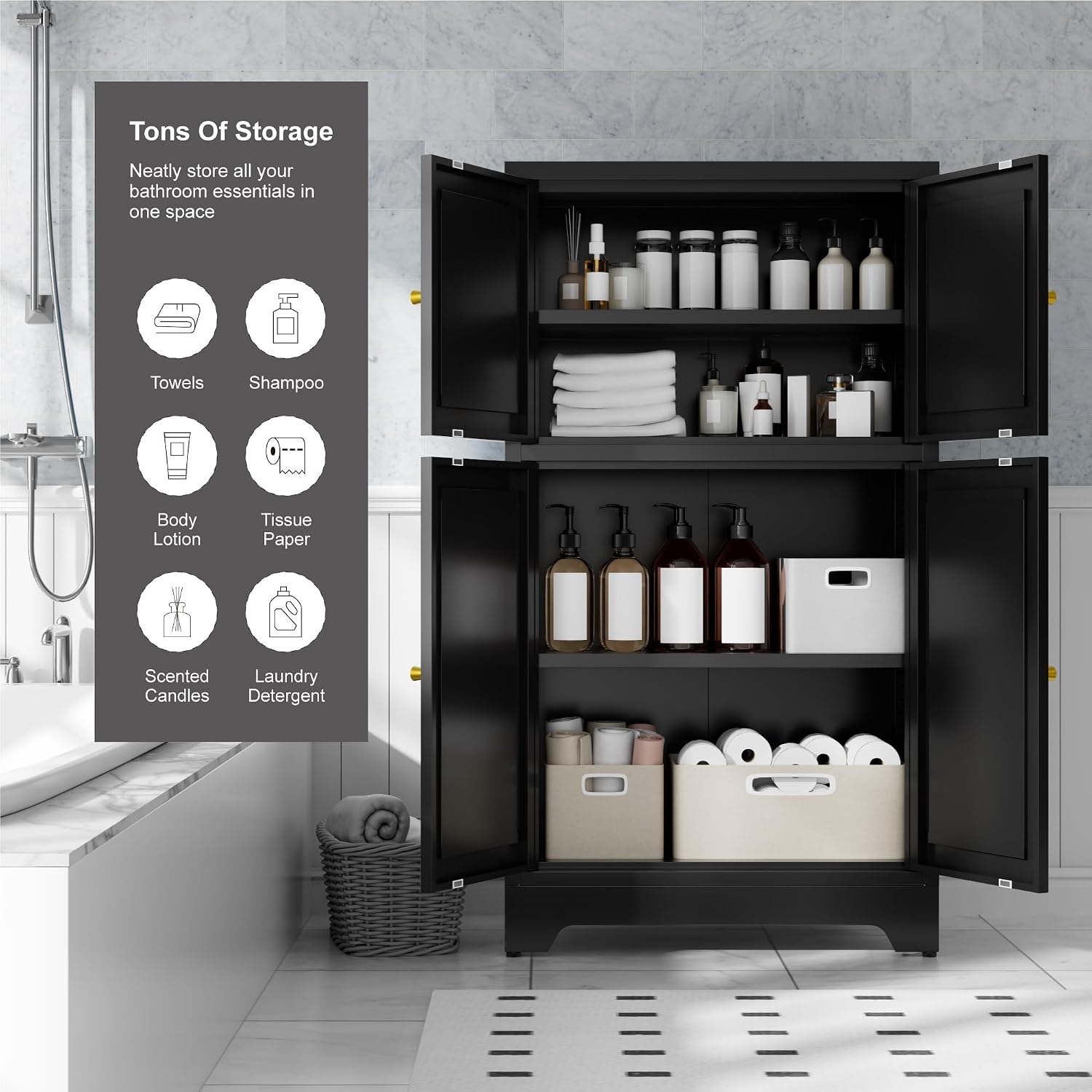 Bevivog Black Metal Locker Cabinet with 4 Doors, Metal Sideboard Cabinet Coffee Bar Storage Accent Cabinets for Home Office, Kitchen Living Room, Hallway, Entryway