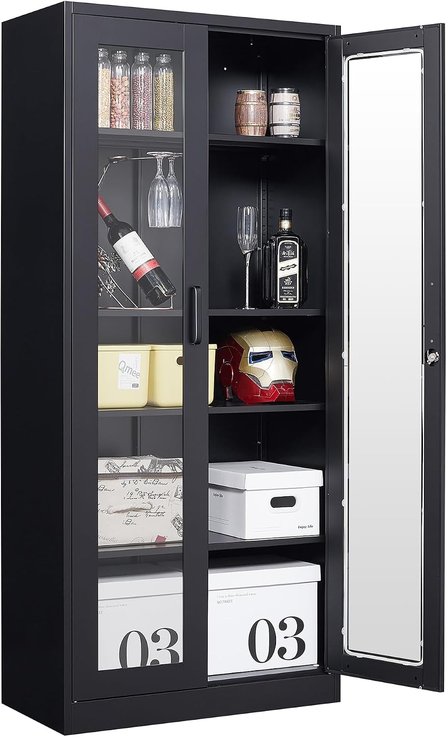 Glass Display Cabinet with 4 Adjustable Shelves, 71' Tall Curio Cabine with Tempered Glass Door, Liquor Cabinet with Lock, 5-Tier Bookcase Storage Cabinet for Home, Study, Living Room (Black)